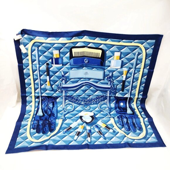 Authentic Hermes Carre 90 Beaute Composee Navy Blue Scarf mn696-121325 - Picture 1 of 9
